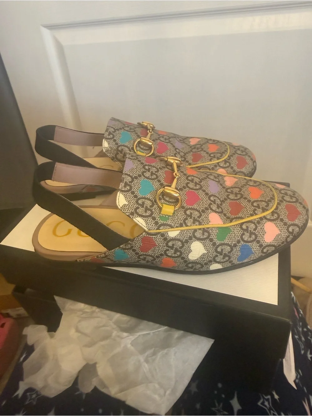 Gucci Multicolor Heart GG Canvas Horsebit Slingback Loafers